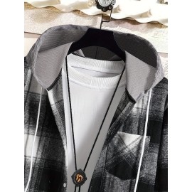 Plaid Shirt Coat For Men Long Sleeve Casual Regular Fit Button Up Hooded Shirts Jacket