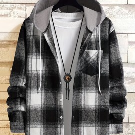 Plaid Shirt Coat For Men Long Sleeve Casual Regular Fit Button Up Hooded Shirts Jacket