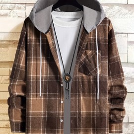 Plaid Shirt Coat For Men Long Sleeve Casual Regular Fit Button Up Hooded Shirts Jacket