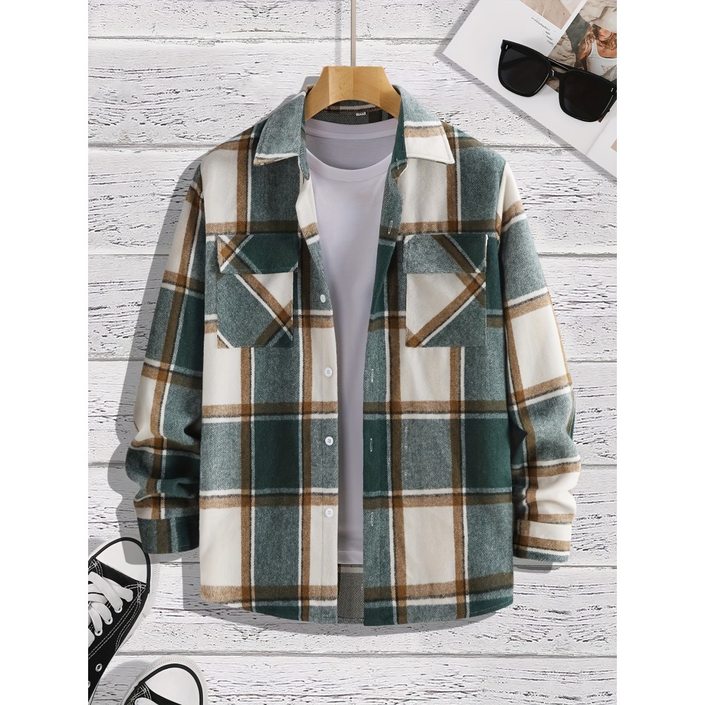 Men's Shirt Top Turn-Down Collar Long Sleeve Closure Classic Plaid Male Casual Shirt For Daily