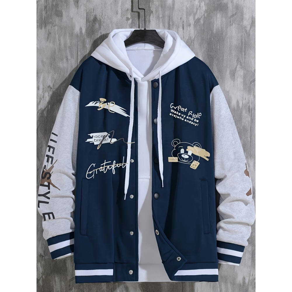 Letter Print Varsity Jacket, Men's Casual Baseball Jacket Coat Regular Fit College Hipster Windbreaker For Spring Autumn