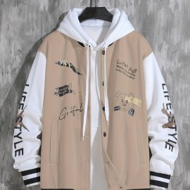 Letter Print Varsity Jacket, Men's Casual Baseball Jacket Coat Regular Fit College Hipster Windbreaker For Spring Autumn