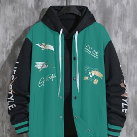 Letter Print Varsity Jacket, Men's Casual Baseball Jacket Coat Regular Fit College Hipster Windbreaker For Spring Autumn