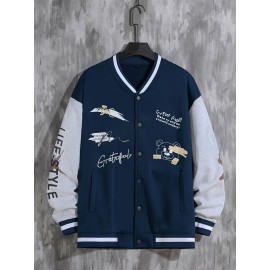 Letter Print Varsity Jacket, Men's Casual Baseball Jacket Coat Regular Fit College Hipster Windbreaker For Spring Autumn