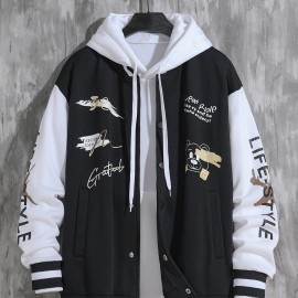 Letter Print Varsity Jacket, Men's Casual Baseball Jacket Coat Regular Fit College Hipster Windbreaker For Spring Autumn