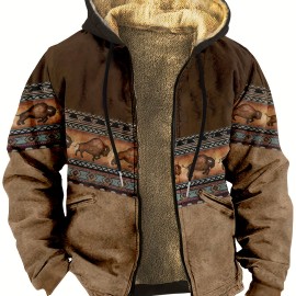 Vintage Style Warm Fleece Coat, Men's Casual Hooded Warm Thick Jacket For Fall Winter