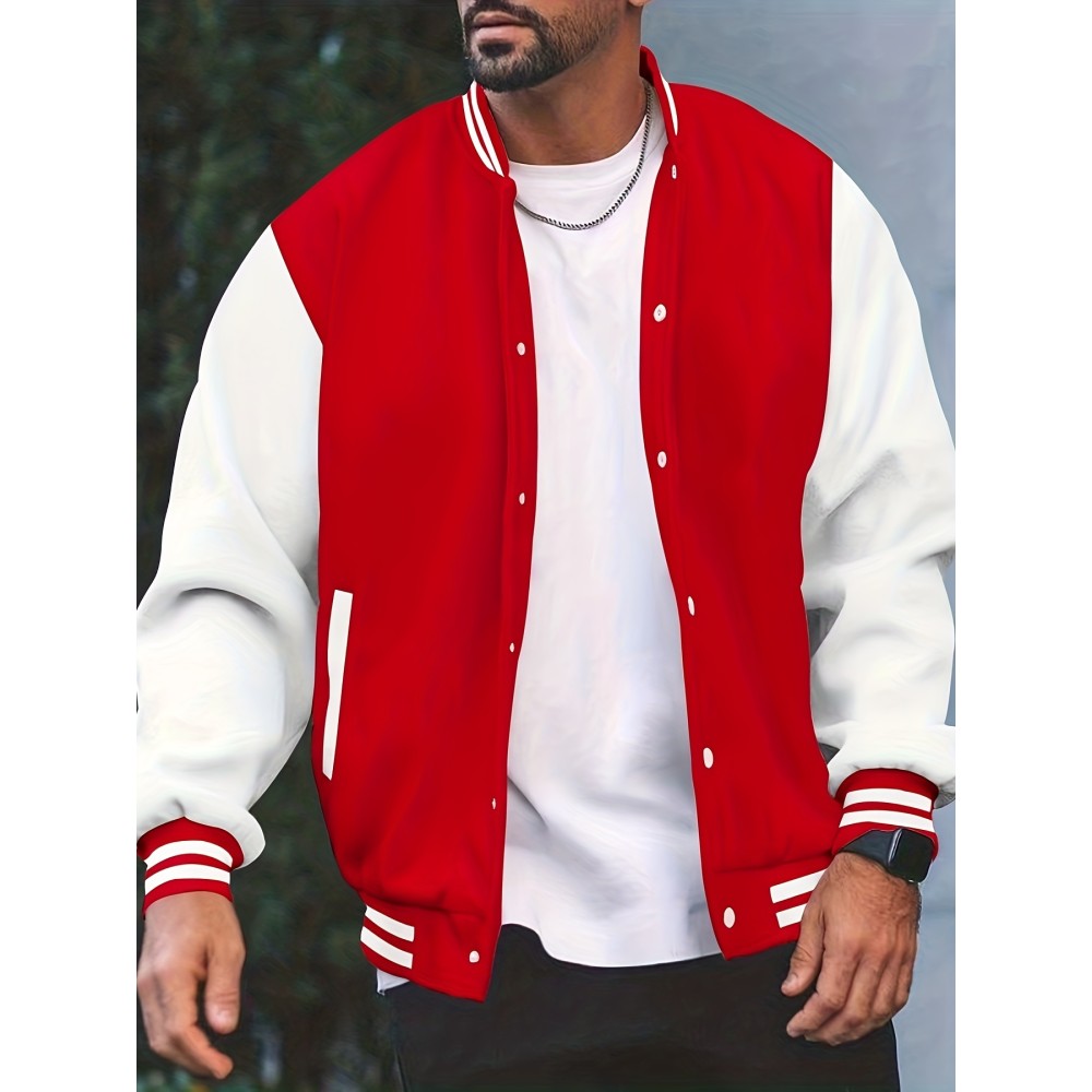 Warm Fleece Varsity Jacket, Men's Casual Color Block Button Up Jacket For Fall Winter School