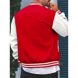 Warm Fleece Varsity Jacket, Men's Casual Color Block Button Up Jacket For Fall Winter School