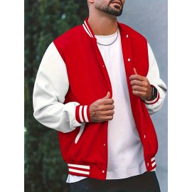 Warm Fleece Varsity Jacket, Men's Casual Color Block Button Up Jacket For Fall Winter School