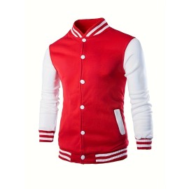 Warm Fleece Varsity Jacket, Men's Casual Color Block Button Up Jacket For Fall Winter School