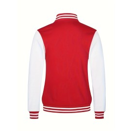 Warm Fleece Varsity Jacket, Men's Casual Color Block Button Up Jacket For Fall Winter School