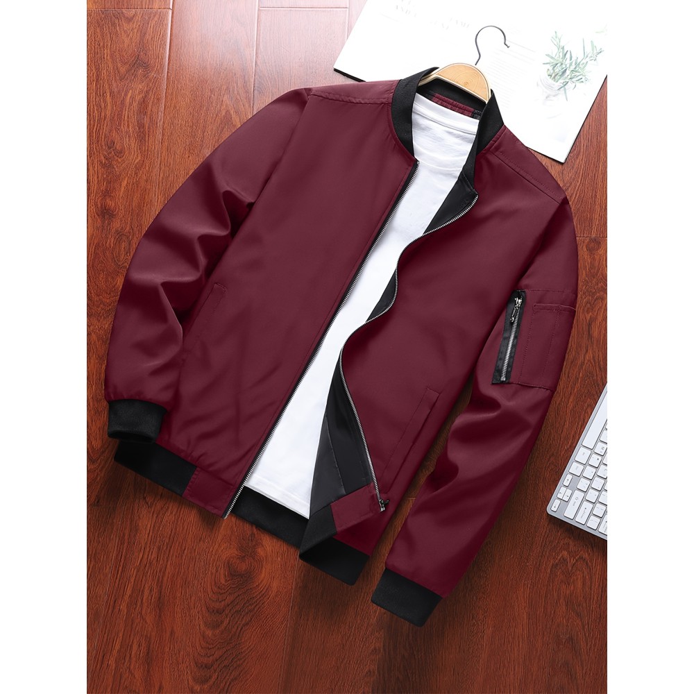 Classic Design Track Jacket, Men's Casual Baseball Collar Solid Color Zip Up Jacket For Spring Fall