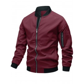 Classic Design Track Jacket, Men's Casual Baseball Collar Solid Color Zip Up Jacket For Spring Fall