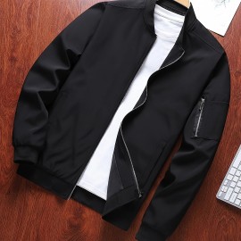 Classic Design Track Jacket, Men's Casual Baseball Collar Solid Color Zip Up Jacket For Spring Fall