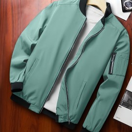 Classic Design Track Jacket, Men's Casual Baseball Collar Solid Color Zip Up Jacket For Spring Fall