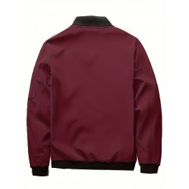 Classic Design Track Jacket, Men's Casual Baseball Collar Solid Color Zip Up Jacket For Spring Fall