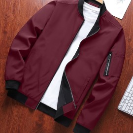 Classic Design Track Jacket, Men's Casual Baseball Collar Solid Color Zip Up Jacket For Spring Fall