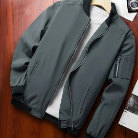 Classic Design Track Jacket, Men's Casual Baseball Collar Solid Color Zip Up Jacket For Spring Fall