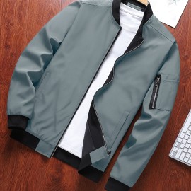 Classic Design Track Jacket, Men's Casual Baseball Collar Solid Color Zip Up Jacket For Spring Fall