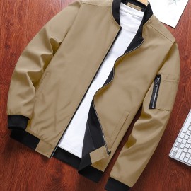 Classic Design Track Jacket, Men's Casual Baseball Collar Solid Color Zip Up Jacket For Spring Fall