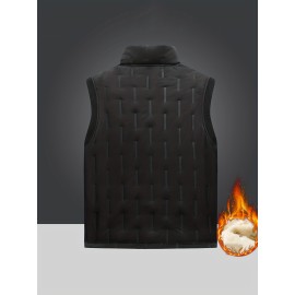 Men's Warm Fleece Winter Vest, Casual Stand Collar Warm Thick Zipper Pockets Vest