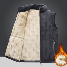 Men's Warm Fleece Winter Vest, Casual Stand Collar Warm Thick Zipper Pockets Vest