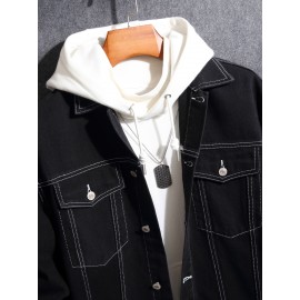 Chic Denim Jacket, Men's Casual Street Style Lapel Contrast Stitching Jacket Coat For Spring Fall