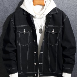 Chic Denim Jacket, Men's Casual Street Style Lapel Contrast Stitching Jacket Coat For Spring Fall