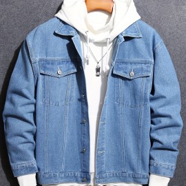 Chic Denim Jacket, Men's Casual Street Style Lapel Contrast Stitching Jacket Coat For Spring Fall