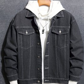 Chic Denim Jacket, Men's Casual Street Style Lapel Contrast Stitching Jacket Coat For Spring Fall