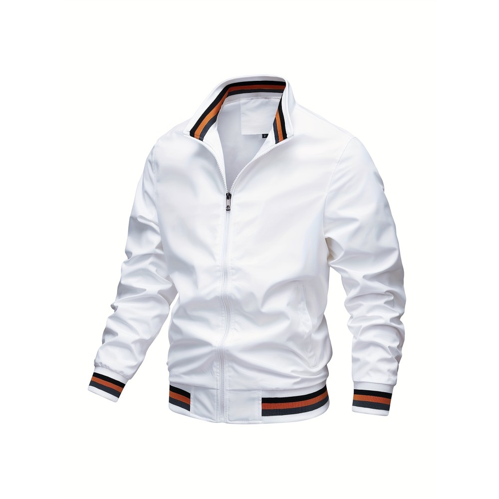 Stripe Edge Bomber Jacket, Men's Casual Stand Collar Zip Up Jacket For Spring Fall Outdoor