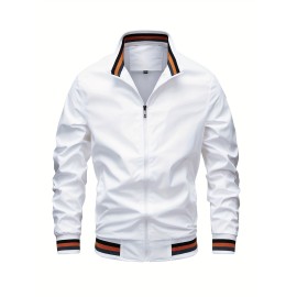 Stripe Edge Bomber Jacket, Men's Casual Stand Collar Zip Up Jacket For Spring Fall Outdoor