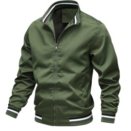 Stripe Edge Bomber Jacket, Men's Casual Stand Collar Zip Up Jacket For Spring Fall Outdoor