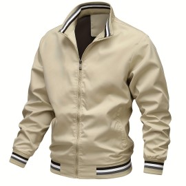 Stripe Edge Bomber Jacket, Men's Casual Stand Collar Zip Up Jacket For Spring Fall Outdoor