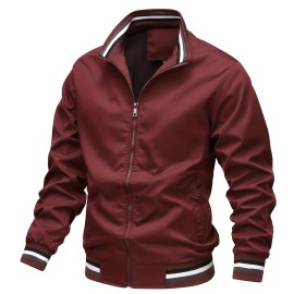 Stripe Edge Bomber Jacket, Men's Casual Stand Collar Zip Up Jacket For Spring Fall Outdoor