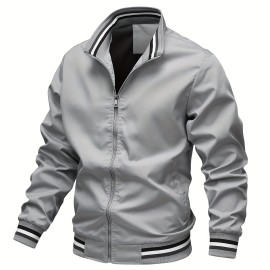 Stripe Edge Bomber Jacket, Men's Casual Stand Collar Zip Up Jacket For Spring Fall Outdoor