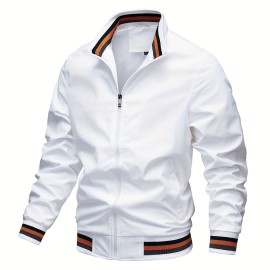 Stripe Edge Bomber Jacket, Men's Casual Stand Collar Zip Up Jacket For Spring Fall Outdoor