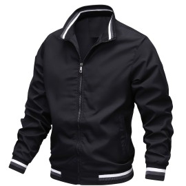 Stripe Edge Bomber Jacket, Men's Casual Stand Collar Zip Up Jacket For Spring Fall Outdoor