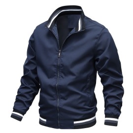 Stripe Edge Bomber Jacket, Men's Casual Stand Collar Zip Up Jacket For Spring Fall Outdoor