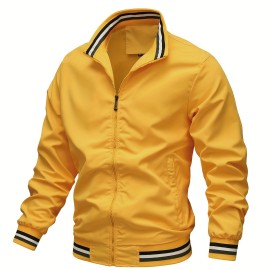 Stripe Edge Bomber Jacket, Men's Casual Stand Collar Zip Up Jacket For Spring Fall Outdoor