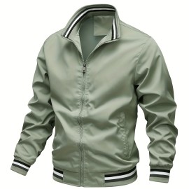 Stripe Edge Bomber Jacket, Men's Casual Stand Collar Zip Up Jacket For Spring Fall Outdoor