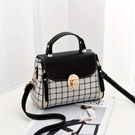 Plaid Pattern Handbag, Women's Buckle Decor Flap Purse, Fashion PU Leather Crossbody Bag