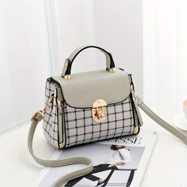 Plaid Pattern Handbag, Women's Buckle Decor Flap Purse, Fashion PU Leather Crossbody Bag