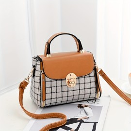 Plaid Pattern Handbag, Women's Buckle Decor Flap Purse, Fashion PU Leather Crossbody Bag