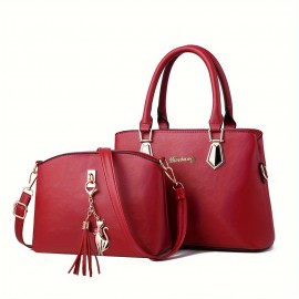 2pcs/set Classic Top Handle Satchel, Fashion PU Crossbody Tote Bag, Women's Casual Handbag & Shoulder Purse & Handbag