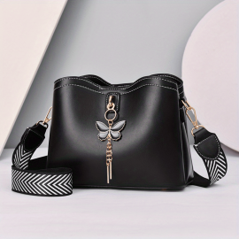 Butterfly Decor Bucket Bag, Geometric Strap Crossbody Bag, Women's Faux Leather Shoulder Bag (9.1*7.1*4.3) Inch