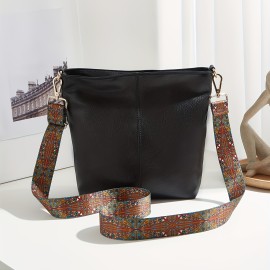 Retro Style Bucket Crossbody Bag, Boho Style Shoulder Bag, Faux Leather Purse With Ethnic Strap