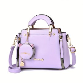 Sweet Cat Design Handbags, Fashion PU Crossbody Bag, Women's Top Handle Satchel Bag With Coin Purse