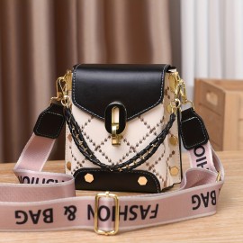 Mini Studded Decor Crossbody Bag, Argyle Embroidery Mobile Phone Purse, Trendy Chain Decor Handbag For Women