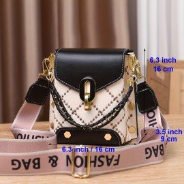 Mini Studded Decor Crossbody Bag, Argyle Embroidery Mobile Phone Purse, Trendy Chain Decor Handbag For Women